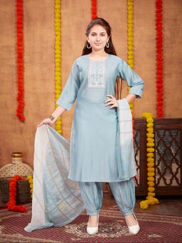 Aarika - Girls Blue Sequin Thread Embroidery Silk Kurta with Salwar & Dupatta
