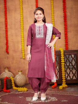 Aarika - Girls Wine Sequin Thread Embroidery Silk Kurta with Salwar & Dupatta
