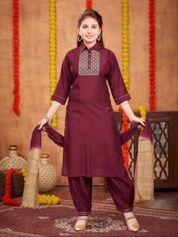 Aarika - Girls Wine Sequin Embroidery Kurta with Salwar & Dupatta