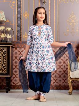 Aarika - Girls Blue Floral Print Kurta with Salwar & Dupatta
