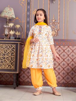 Aarika - Girls Yellow Floral Print Kurta with Salwar & Dupatta