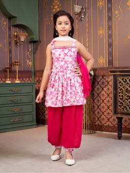 Aarika - Girls Pink Printed Cotton Kurti with Salwar & Dupatta