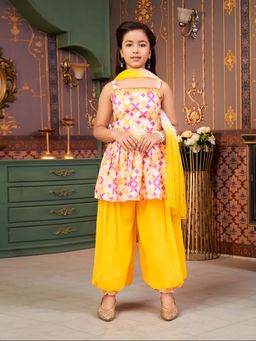 Aarika - Girls Yellow Printed Cotton Kurti with Salwar & Dupatta