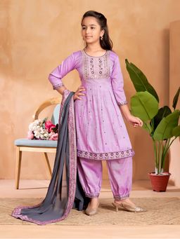 Aarika - Girls Purple Sequin Thread Embroidery Kurta with Salwar & Dupatta