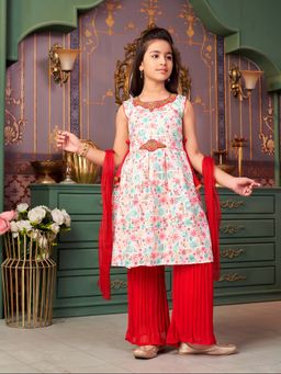 Aarika - Girls Red Floral Print Kurta with Palazzo & Dupatta