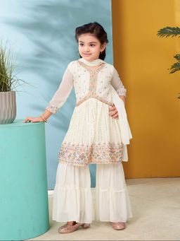 Aarika - Girls Cream Thread Sequin Embroidery Kurta with Sharara with Dupatta