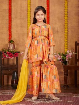 Aarika - Girls Yellow Printed Lace Work Silk Kurta with Sharara & Dupatta