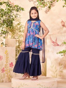 Aarika - Girls Blue Printed Lace Georgette Kurta with Sharara & Dupatta