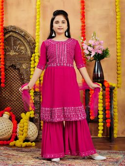 Aarika - Girls Pink Mirror Embroidery Georgette Kurta with Sharara & Dupatta