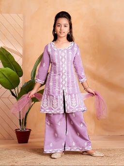 Aarika - Girls Purple Thread Embroidery Kurta with Palazzo & Dupatta