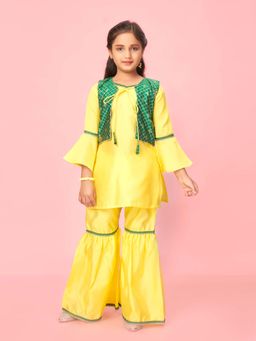Aarika - Girls Yellow Printed Silk Kurti with Sharara & Jacket