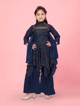 Aarika - Girls Navy Blue Embroidery Kurti with Sharara & Dupatta