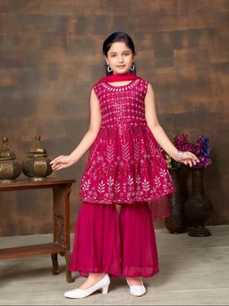 Aarika - Girls Pink Sequin Embroidery Georgette Kurta with Sharara & Dupatta
