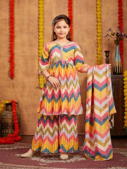 Aarika - Girls Yellow Printed Lace Work Kurta with Sharara & Dupatta