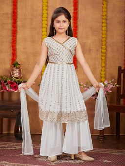 Aarika - Girls White Sequins Embroidery Georgette Kurta with Sharara & Dupatta