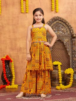 Aarika - Girls Yellow Printed Mirror Lace Polyester Kurta with Sharara