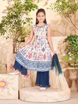 Aarika - Girls Blue Floral Beads Embroidery Kurta with Sharara & Dupatta