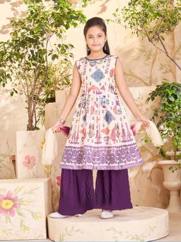 Aarika - Girls Purple Floral Beads Embroidery Kurta with Sharara & Dupatta