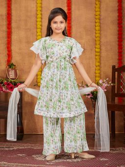 Aarika - Girls Green Floral Print Georgette Kurta with Sharara & Dupatta