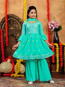 Aarika - Girls Green Sequins Georgette Kurta with Sharara & Dupatta