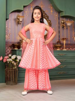 Aarika - Girls Peach Sequins Embroidery Kurta with Sharara & Dupatta