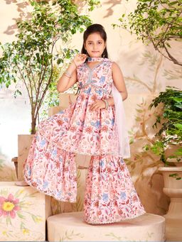 Aarika - Girls Pink Floral Print Silk Kurta with Sharara & Dupatta