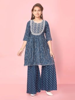 Aarika - Girls Navy Blue Flroal Embroidery Kurta with Sharara
