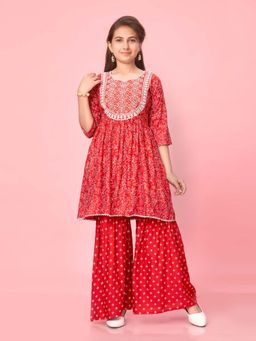 Aarika - Girls Red Flroal Embroidery Kurta with Sharara