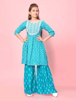 Aarika - Girls Turquoise Cotton Embroidery Kurta with Sharara