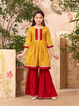 Aarika - Girls Yellow Floral Print Kurta with Salwar & Dupatta