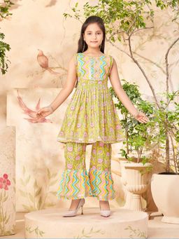 Aarika - Girls Olive Floral Print Kurti with Sharara