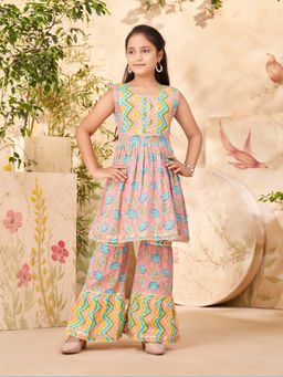 Aarika - Girls Pink Floral Print Kurti with Sharara