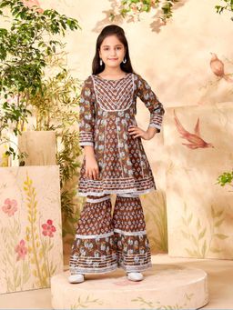 Aarika - Girls Brown Floral Print Gota Lace Kurti with Sharara