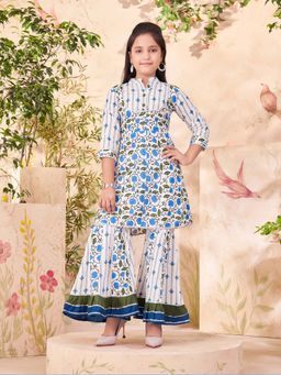 Aarika - Girls Blue Floral Print Gota Lace Kurti with Sharara