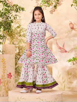 Aarika - Girls Pink Floral Print Gota Lace Kurti with Sharara