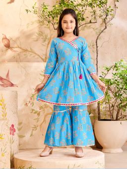 Aarika - Girls Turquoise Floral Print Kurti with Sharara