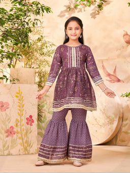 Aarika - Girls Purple Printed Gota Lace Kurti with Sharara