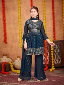 Aarika - Girls Teal Sequin Embroidery Kurti with Sharara & Dupatta