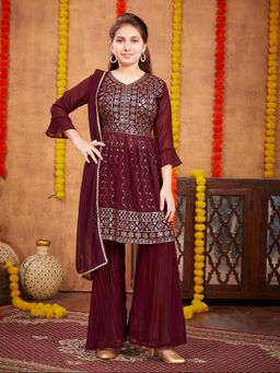 Aarika - Girls Maroon Sequin Embroidery Kurti with Sharara & Dupatta