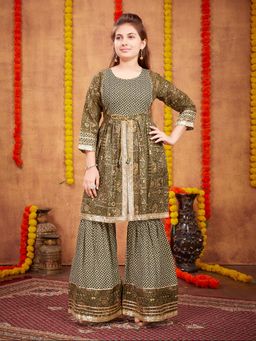 Aarika - Girls Green Printed Cotton Kurta with Sharara
