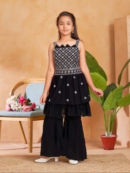 Aarika - Girls Black Thread Embroidery Kurta with Sharara