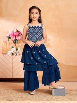 Aarika - Girls Teal Thread Embroidery Kurta with Sharara & Inner