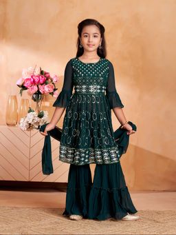 Aarika - Girls Green Sequin Thread Embroidery Kurta with Sharara & Dupatta