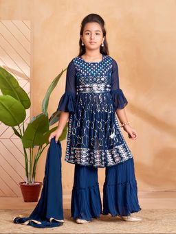 Aarika - Girls Teal Sequin Thread Embroidery Kurta with Sharara & Dupatta