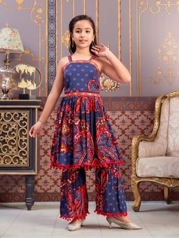 Aarika - Girls Navy Blue Abstract Print Rayon Kurta with Sharara