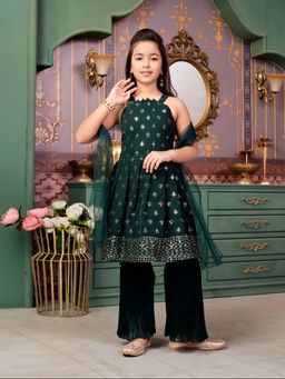 Aarika - Girls Green Sequin Embroidery Georgette Kurta with Sharara & Dupatta