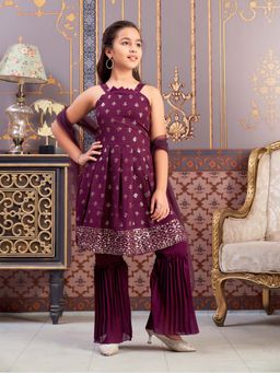 Aarika - Girls Wine Sequin Embroidery Georgette Kurta with Sharara & Dupatta