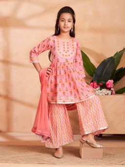 Aarika - Girls Pink Embroidery Kurta with Sharara & Dupatta