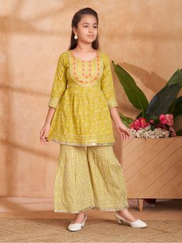 Aarika - Girls Green Floral Print Embroidery Kurta with Sharara