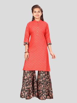 Aarika - Girls Coral Woven Kurta with Sharara
